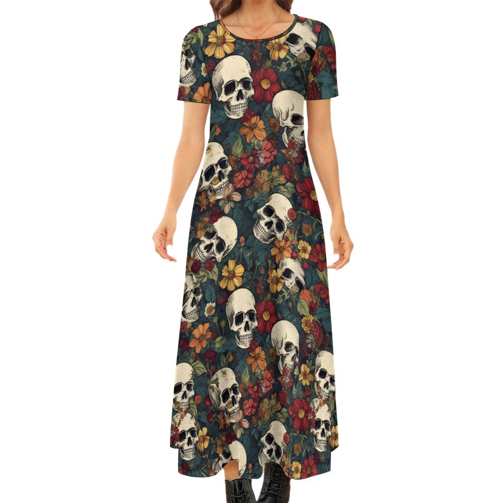 Skulls With Fall Flowers Round Neck Short Sleeve Maxi Dress – Everything  Skull Clothing Merchandise and Accessories