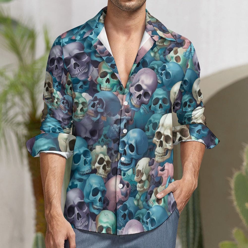 casual long sleeve dress shirts Blue Skulls Casual One Pocket Long Sleeve Dress Shirt L / White