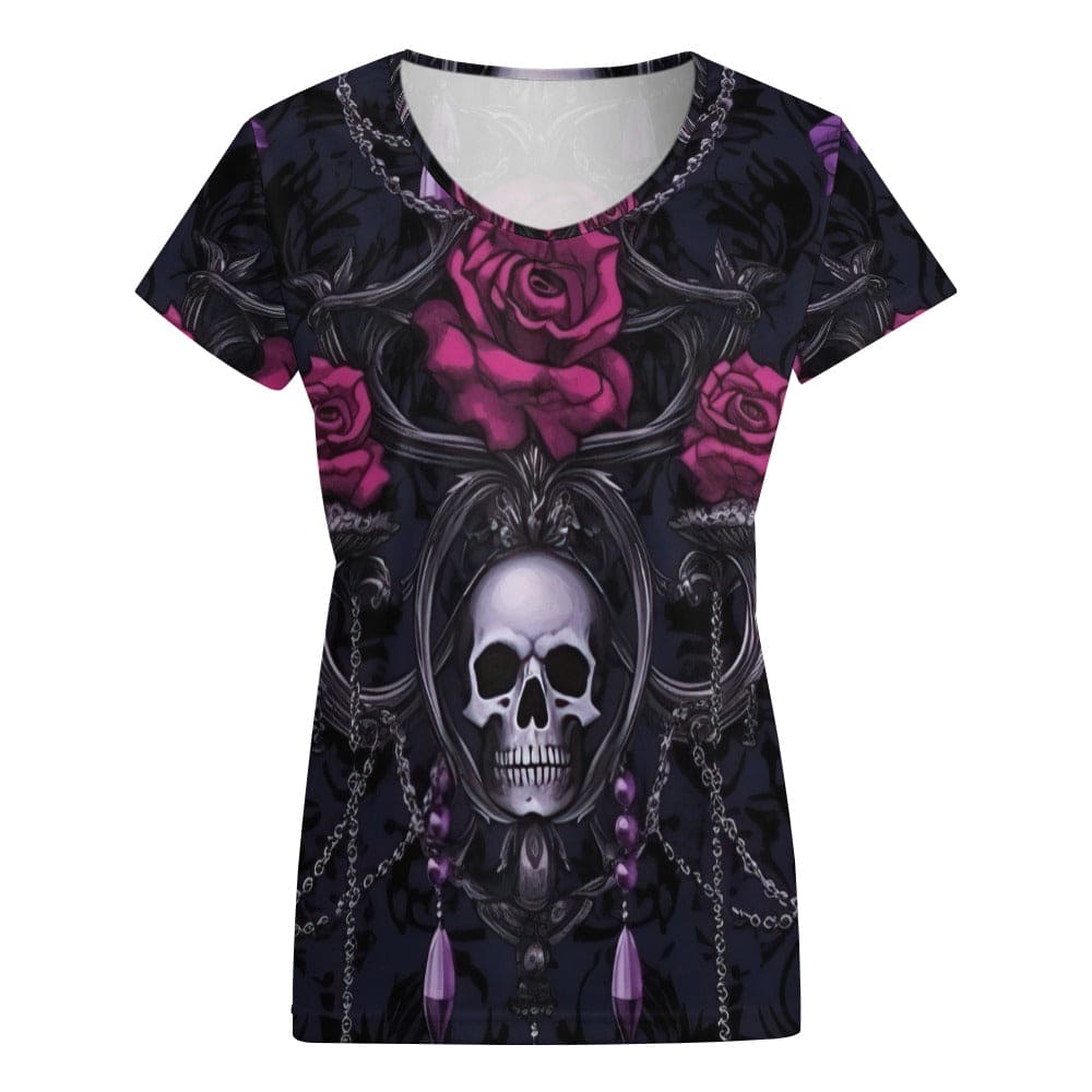 Women's Skull Roses V-neck Short Sleeve T-shirt – Everything Skull