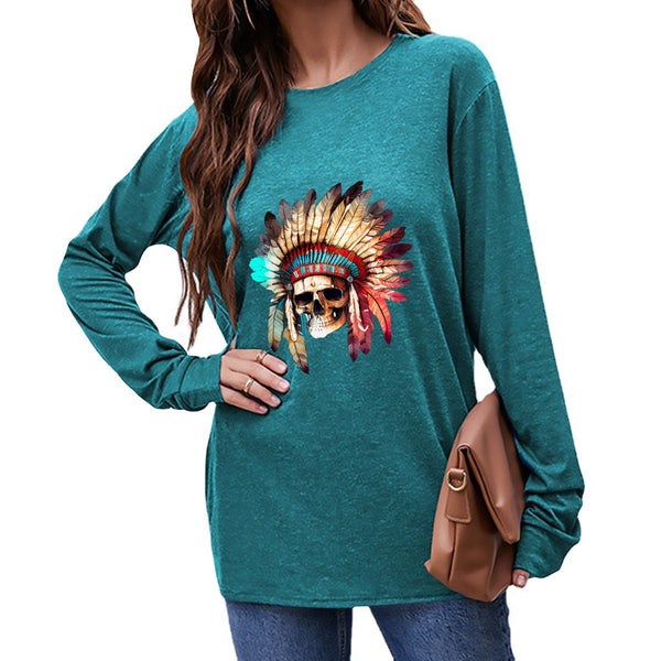 Step Out In Style With Our Women's Indian Skull Long Sleeve Top!