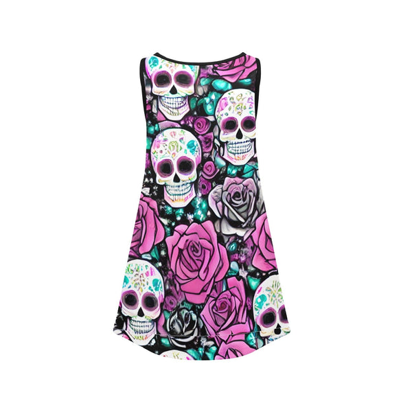 This Girls' Pink Floral Sugar Skull Sleeveless Dress Is Perfect For Adventurous Young Fashionistas.