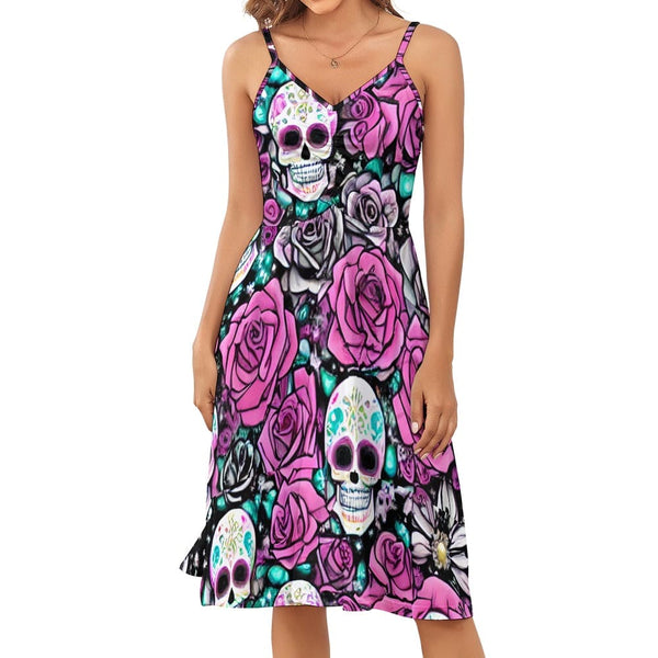 Women's Skull Pink Floral Long Dress