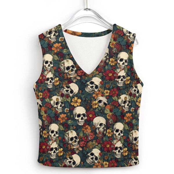 Women's Brown Floral Skulls Knit Sweater Vest