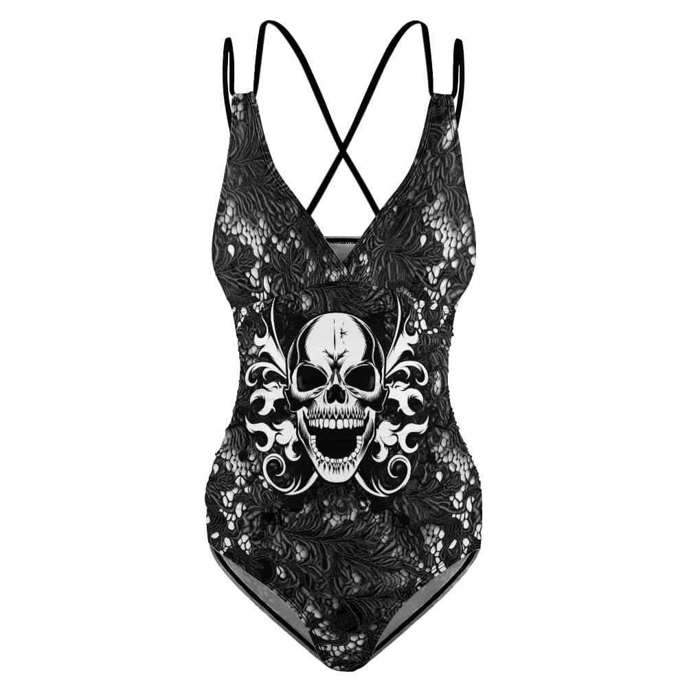 Black Skull Face Deep V One-piece Swimsuit