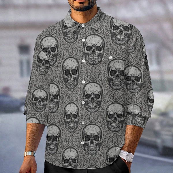 Men's Tribal Skulls Pattern Long Sleeve Flap Pocket Shirt