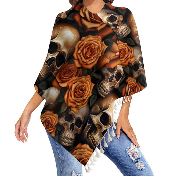 Women's Gold Skulls Flowers Tassel Cape