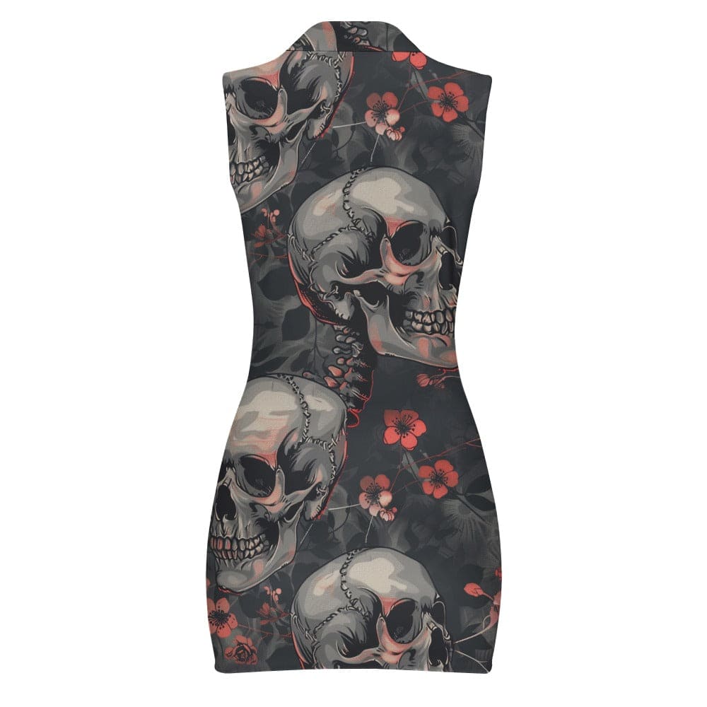 Women's Gray Skulls Red Floral Short Sleeve Dress with Zipper XL Women's Gray Skulls Red Floral Short Sleeve Dress with Zipper XL