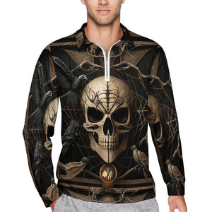 Men's Skull Gothic Long-Sleeve Zip Polo Shirt