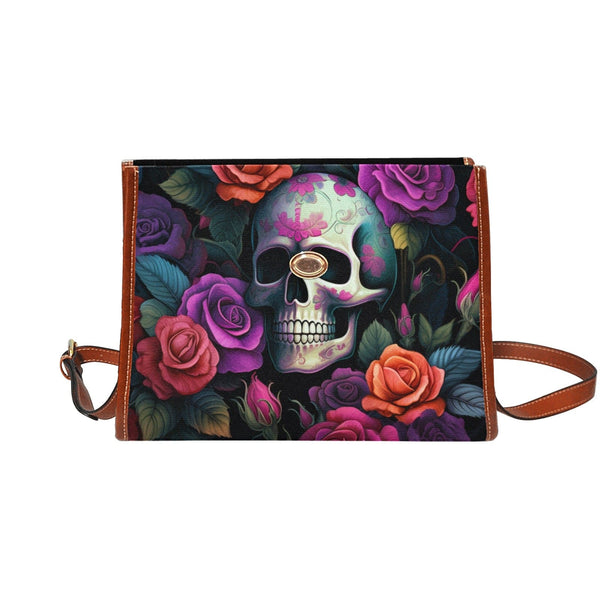 Skull Bright Floral Waterproof Canvas Bag-Brown Trim