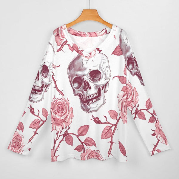 Women's Skull Pink Flowers Long Sleeve Loose Tee