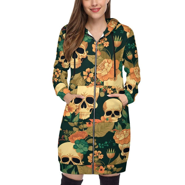 Women’s Skull Floral Print Gothic Punk Alternative Fashion Cozy Long Hoodie
