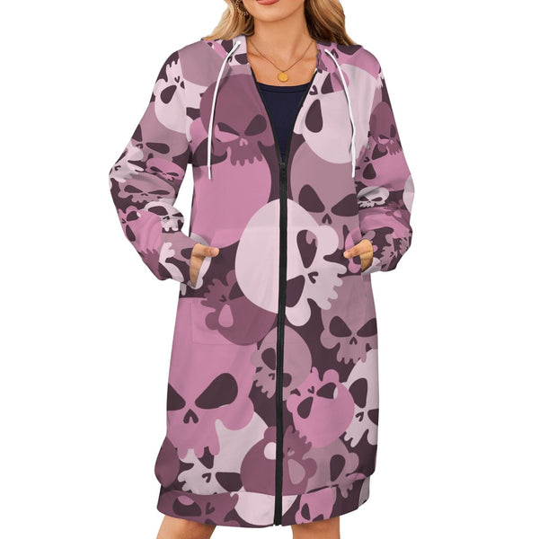 Women's Pink Camo Skull Long Hooded Coat