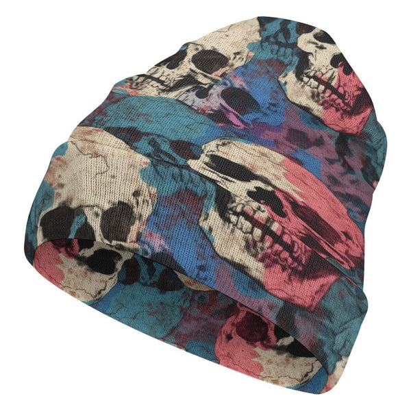 Indulge in the vibrant colors and bold design of our Blue Pink White Skulls Knitted Beanie