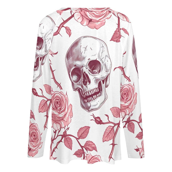 Women's Skull Pink Flowers Long Sleeve Loose Tee