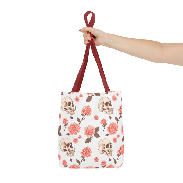 Experience The Power of Our Skull and Pink Roses Tote Bag! Available In 3 Sizes And 5 Stunning Colors