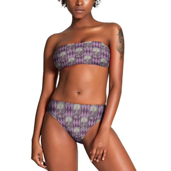 Ladies Purple Pattern With Skulls Two Piece Bikini Swimsuit