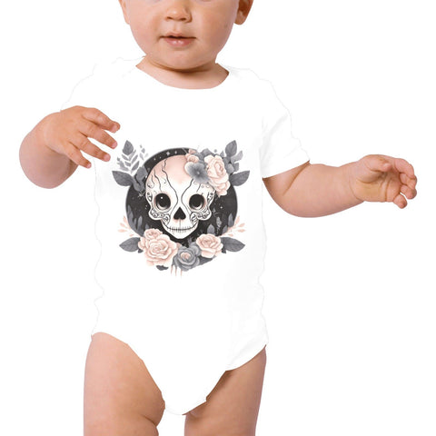 Pink Skull With Baby Powder Pink Flowers Short Sleeve One Piece Romper