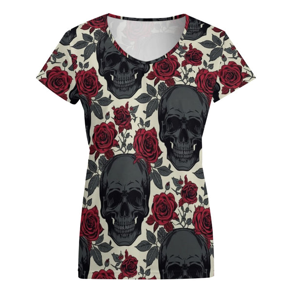 Women's Dark Skull with Red Roses V-Neck T-Shirt - Everything Skull Clothing Merchandise and Accessories