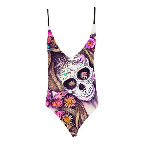 Look Daring & Feel Confident With This Stylish Strappy Skull Floral Deep Back One-Piece Swimsuit