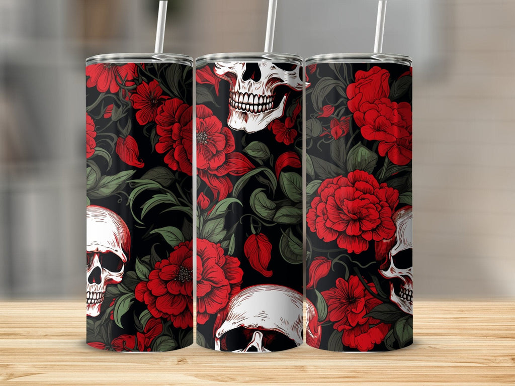 Skull Red Roses Stainless Steel 20oz Tumbler Travel Mug, Gothic