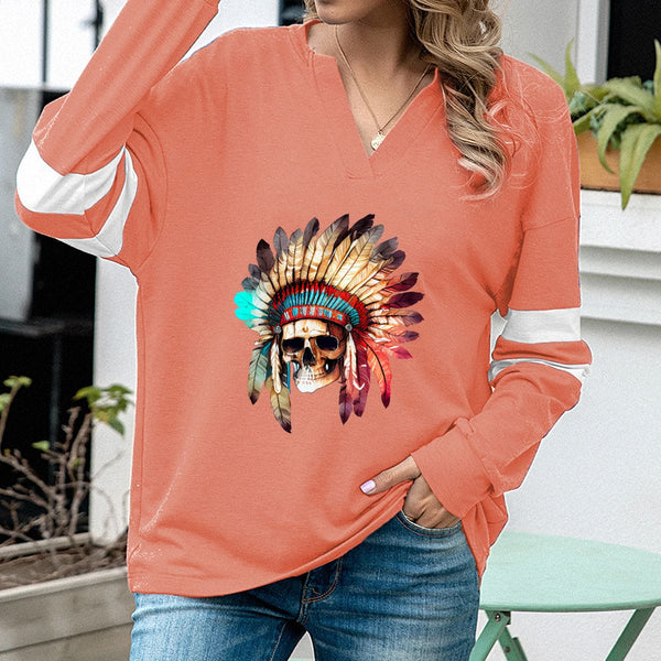 Womens Skull Feather Headband Long Sleeve Top