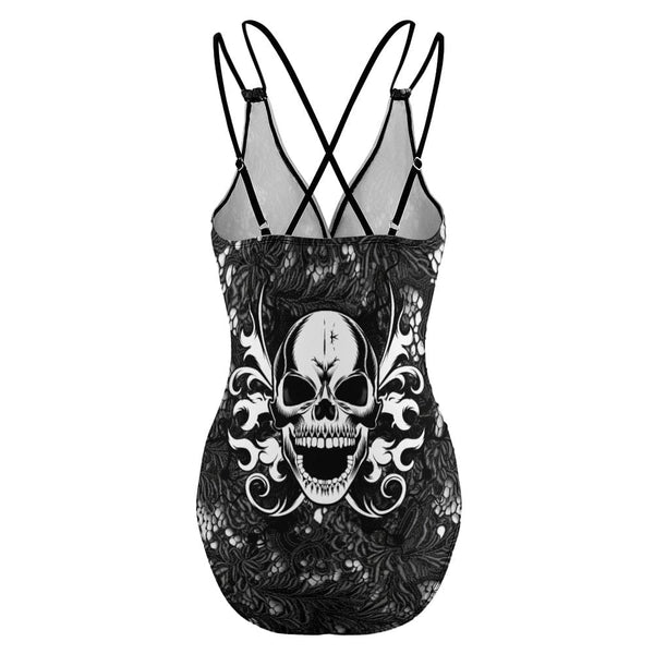 Black Skull Face Deep V One-piece Swimsuit