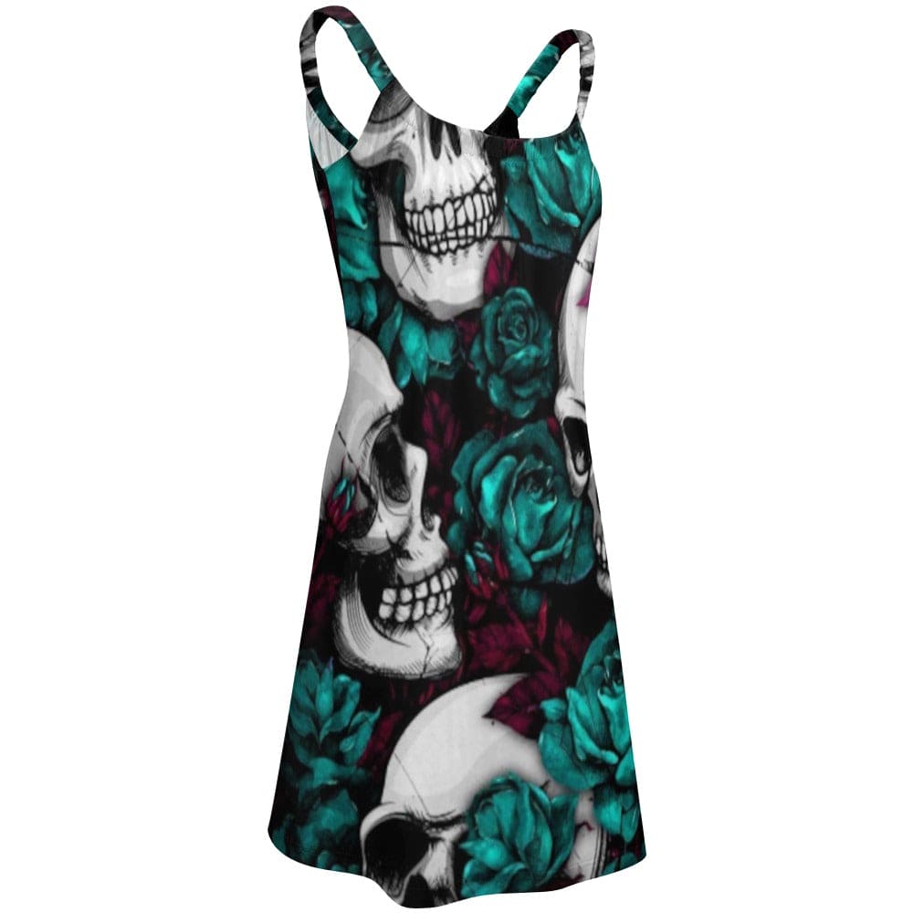 Green Roses and Skulls Strappy Dress XL / White