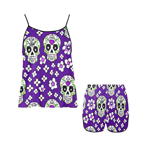 Women's Skull On Purple Background Spaghetti Strap Pajama Set