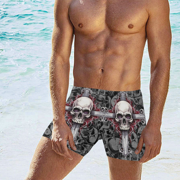 Experience Comfort And Style With these Men's Skull & Sword Swimming Trunks.