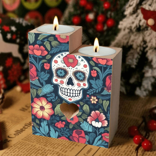 Blue Red Skulls Wooden Candle Holder