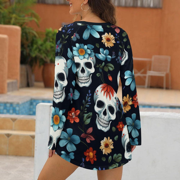 Women's Skulls With Blue Flowers Crew Neck Long Sleeve T-Shirt