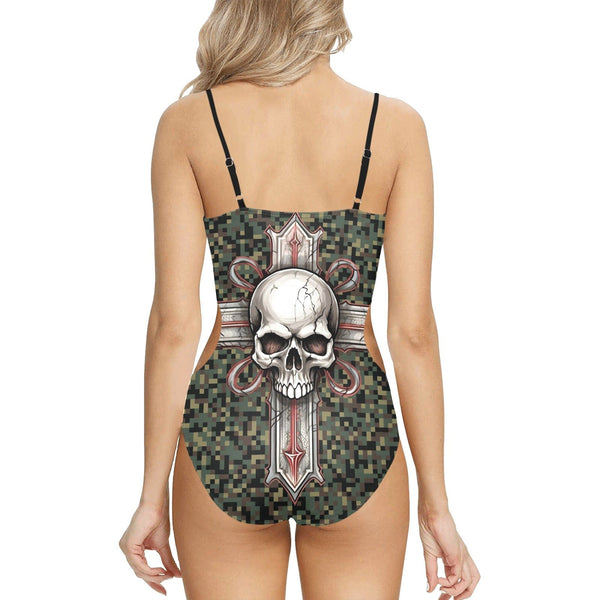 Women's Gothic Skull Cross Spaghetti Strap Cut Out Sides Swimsuit