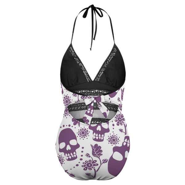 Women's Purple Skulls Deep V Halter Bikini Swimwear