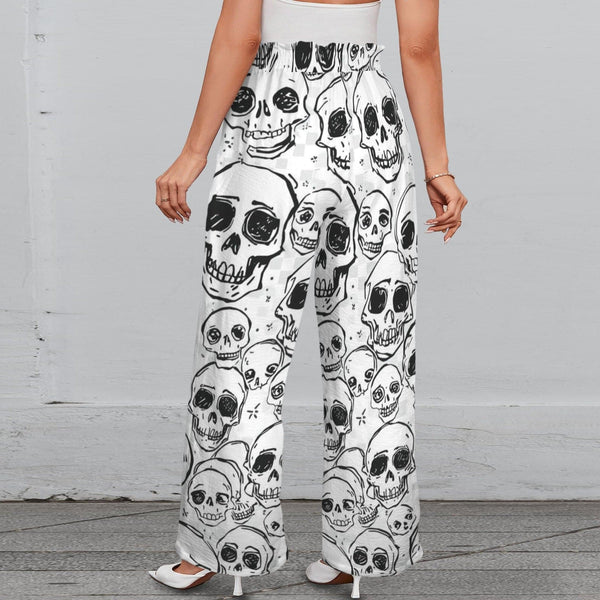 Doodle Style Seamless Skull Pattern Elastic Waist Wide Leg Pants with Pockets
