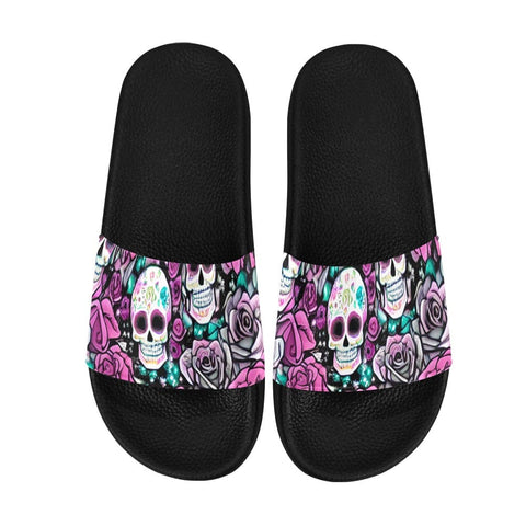 Women's Purple Floral Skull Print Slide Sandals