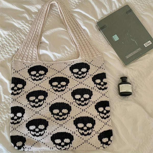 Retro Skull Crochet Tote Bag Large Capacity Casual Bag