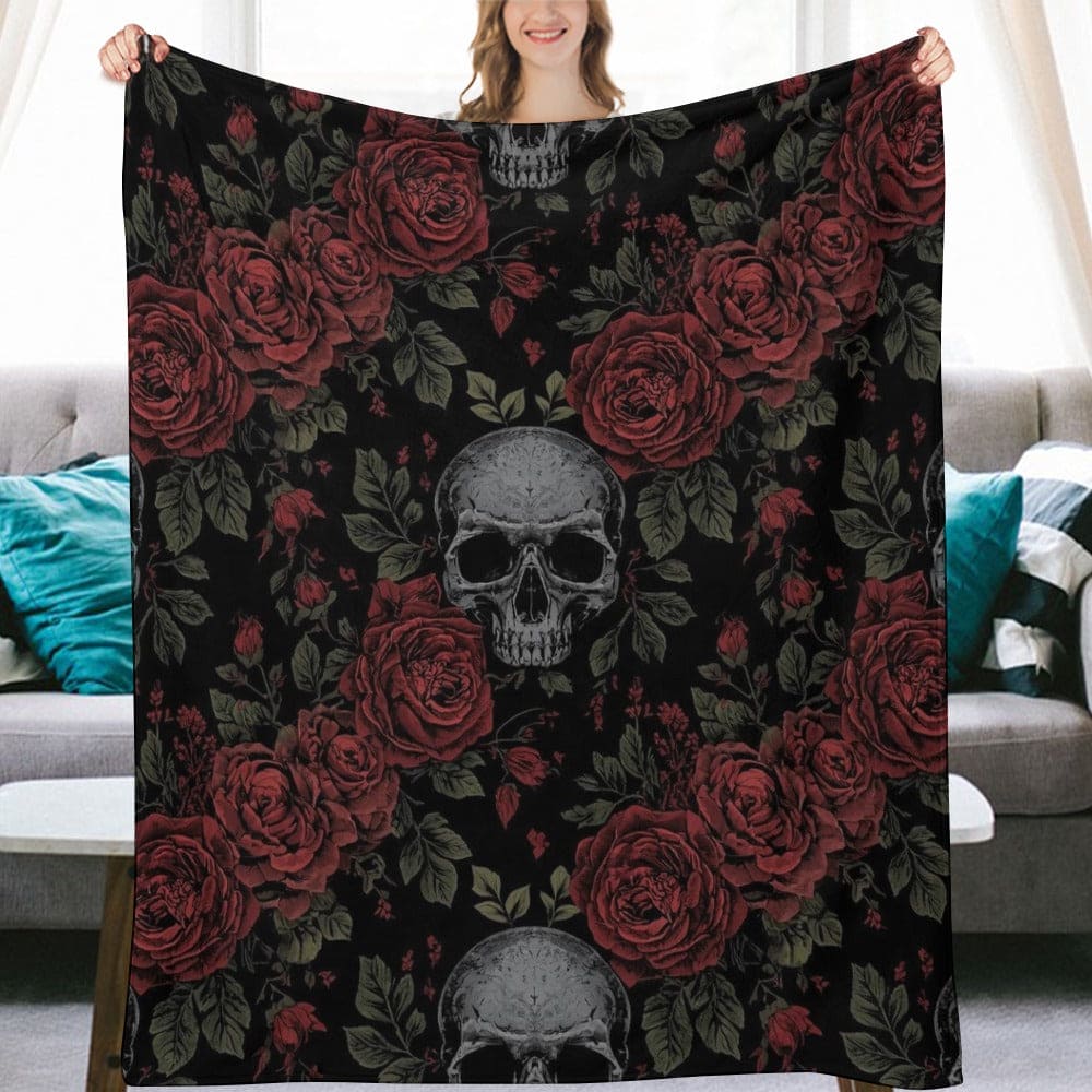 Red Roses And Skulls Ultra-Soft Flannel Blanket Multiple Sizes