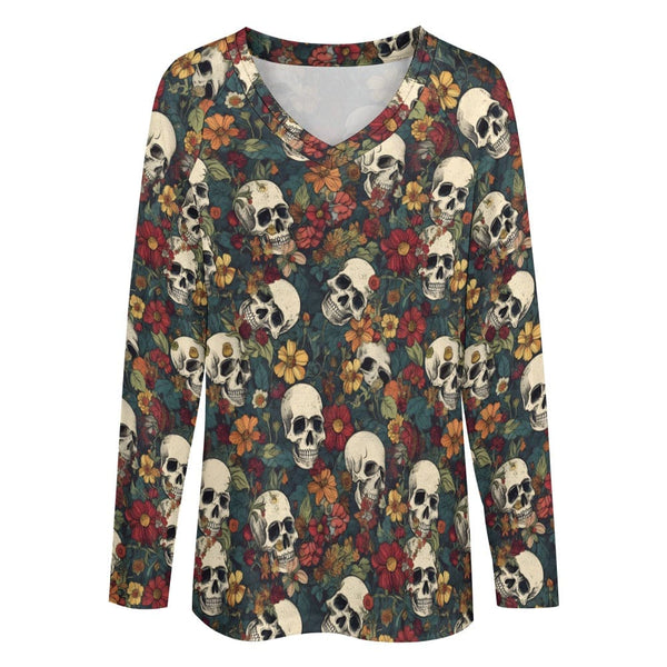 Elevate Your Wardrobe With This Floral Long Sleeve Top Adorned With Charming Skulls.