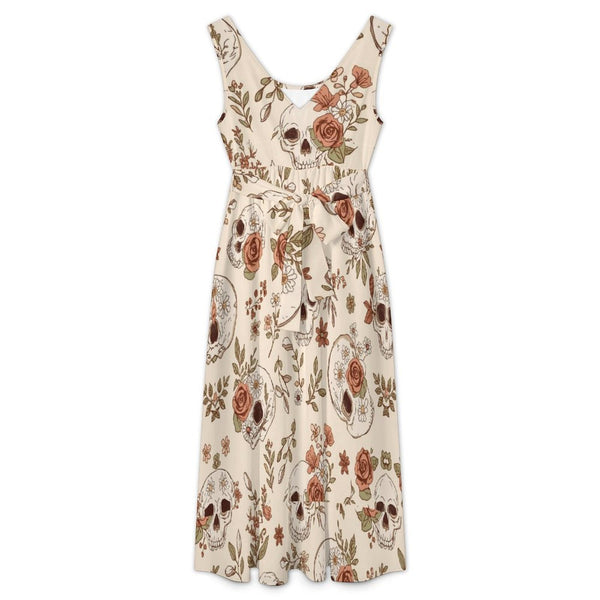 Women's Beige Skull Floral Sleeveless V-Neck Belted Dress - Everything Skull Clothing Merchandise and Accessories