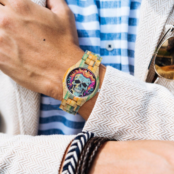 Colorful Skull  Camouflage Wooden Watch - Green & Blue