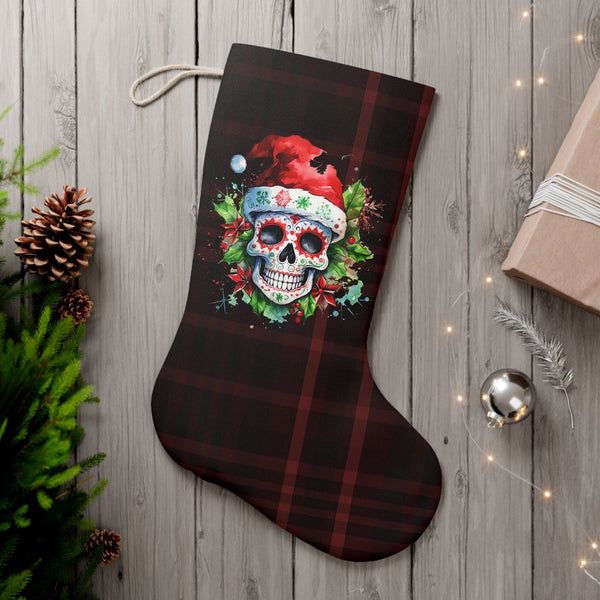 Skull Santa Plaid Background Stocking