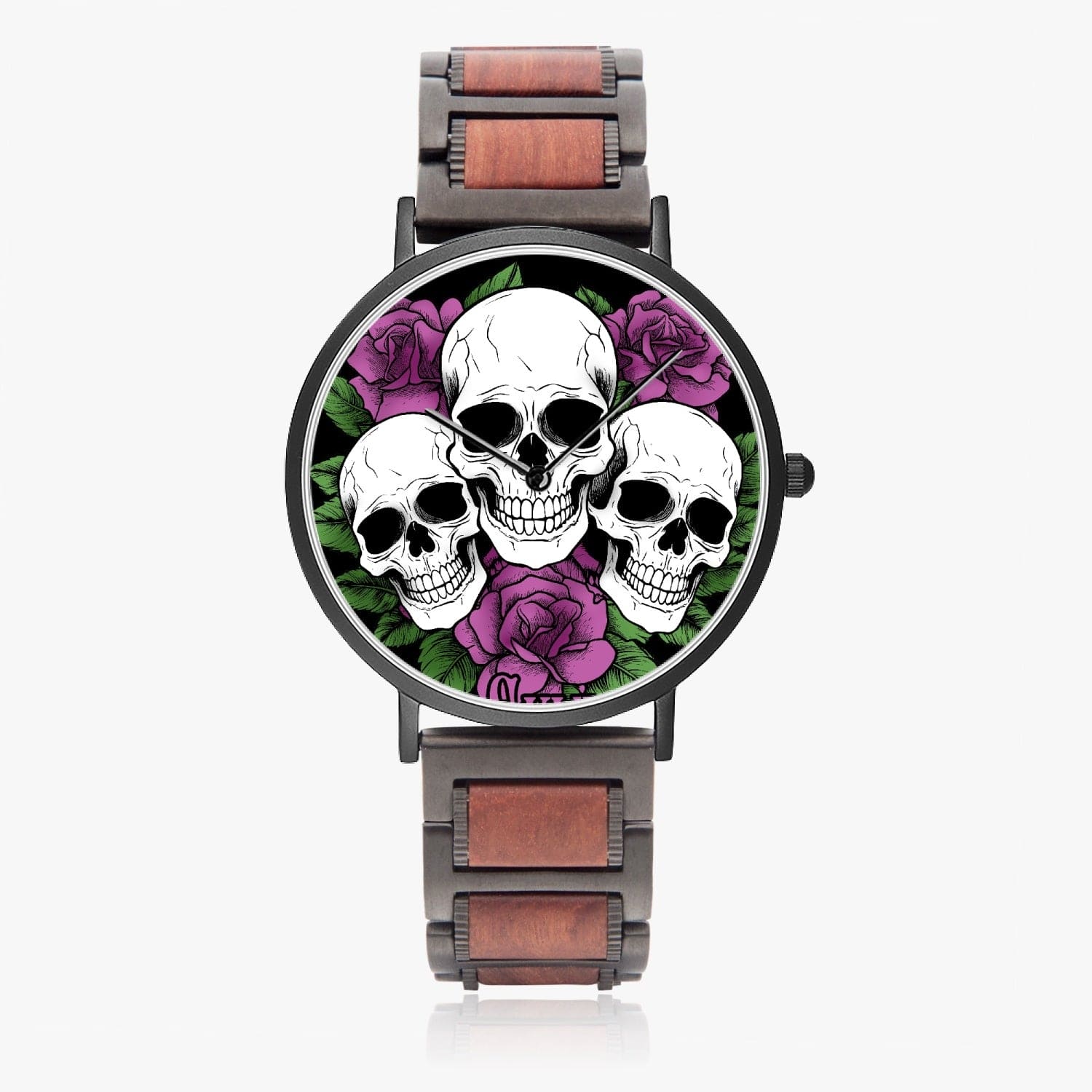 Three Skulls Purple Flowers Wooden Strap Quartz Watch
