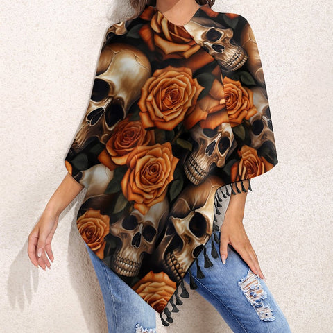 Women's Gold Skulls Flowers Tassel Cape