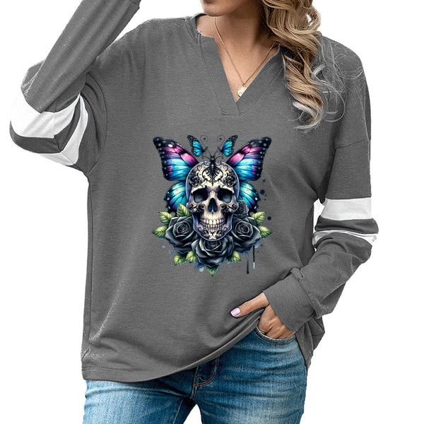 Gothic Butterfly Skulls Long Sleeve Top For Women