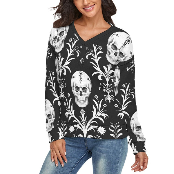 Women's V-Neck Skull Style Long Sleeve Sweater