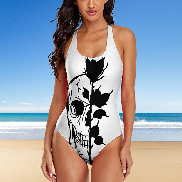 This Exquisite Skull Rose Floral Pattern Ladies One Piece Swimsuit