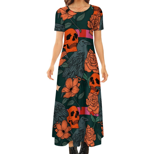 Look Effortlessly Chic & Comfy In Our Women's Skull Crow Round Neck Short Sleeve Dress