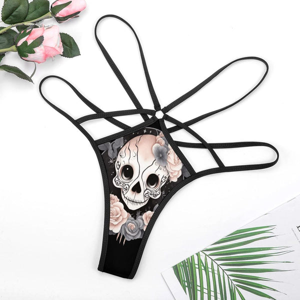 Cute Skull With Soft Flowers T-back Strappy Thong