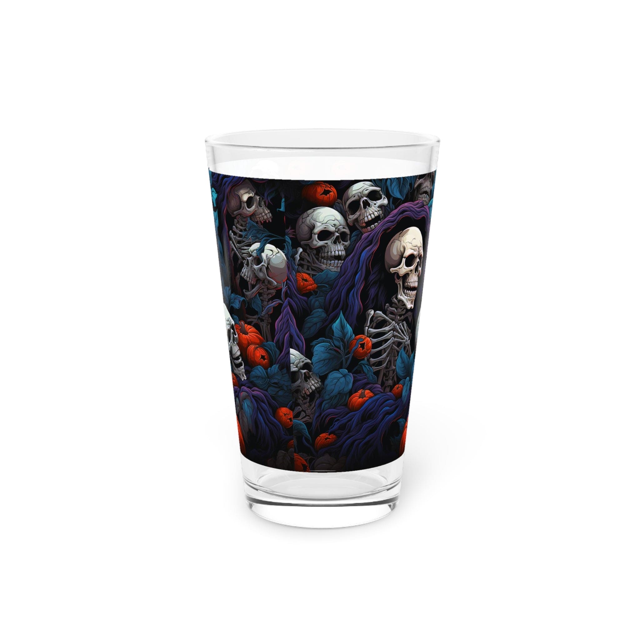 Skulls With Red Blue Flowers Pint Glass, 16oz
