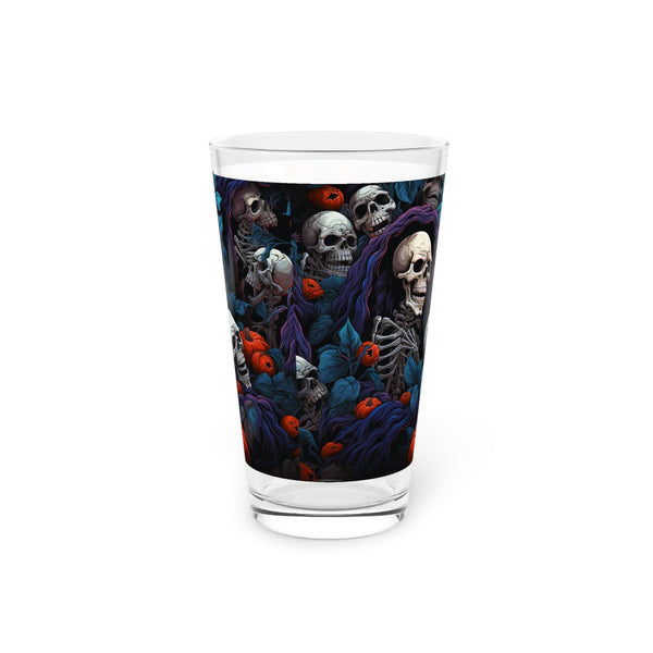 Skulls With Red Blue Flowers Pint Glass, 16oz